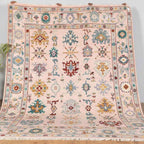 Handmade Peach Wool Rug – Traditional Floral Oushak Design with Beige, Green & Gold Accents – Hand Knotted Oriental Area Carpet