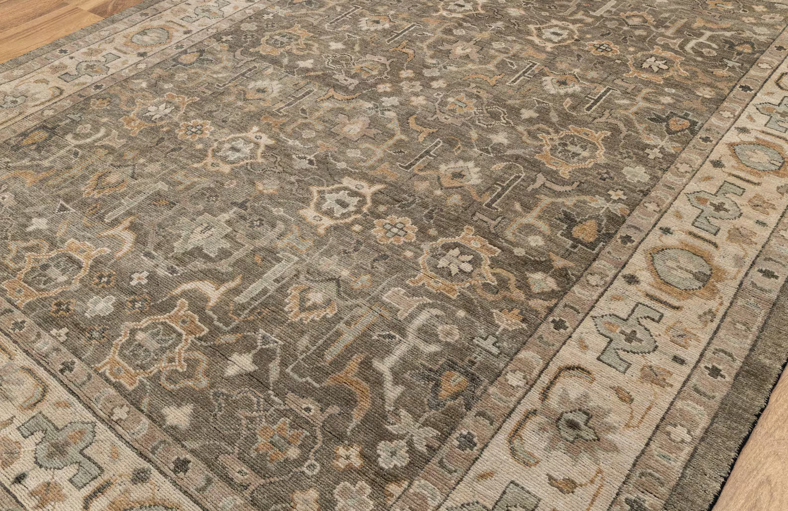 Olive Green Grey Persian style Oushak, Modern Traditional Hand Knotted Wool Rug