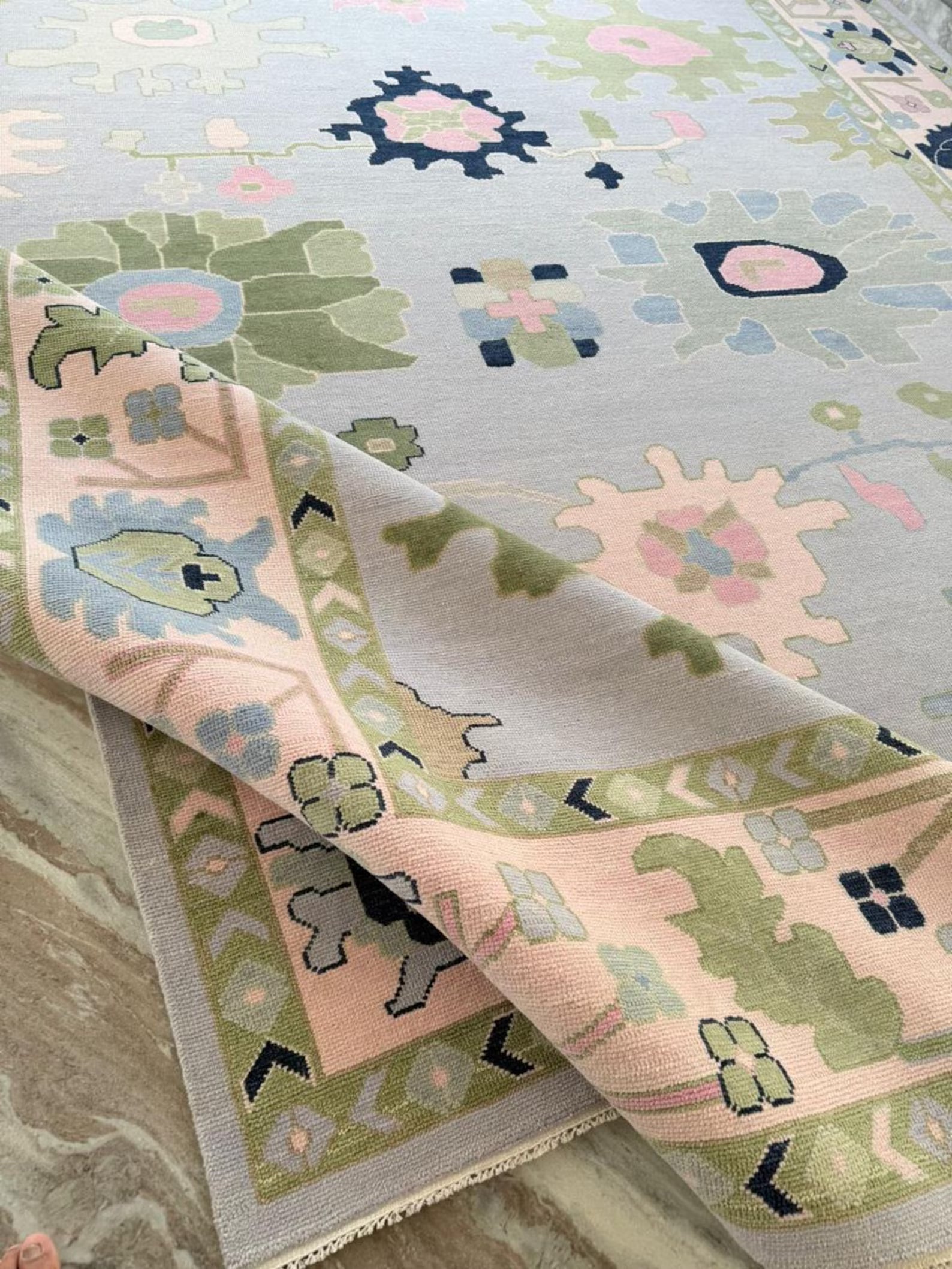 Hand-Knotted Oushak Rug in Pastel Green, Pink & Blue | Soft Wool Area Rug | Traditional Turkish Design | Carpet Craft Decor | Hand Knotted Carpet