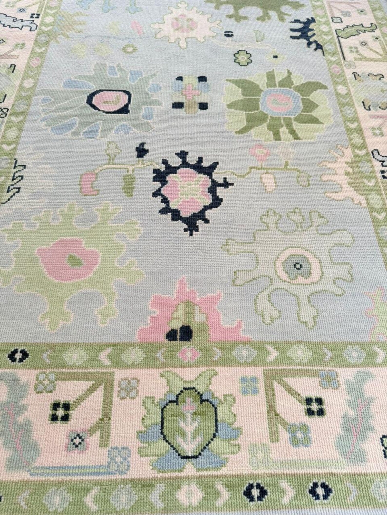 Hand-Knotted Oushak Rug in Pastel Green, Pink & Blue | Soft Wool Area Rug | Traditional Turkish Design | Carpet Craft Decor | Hand Knotted Carpet