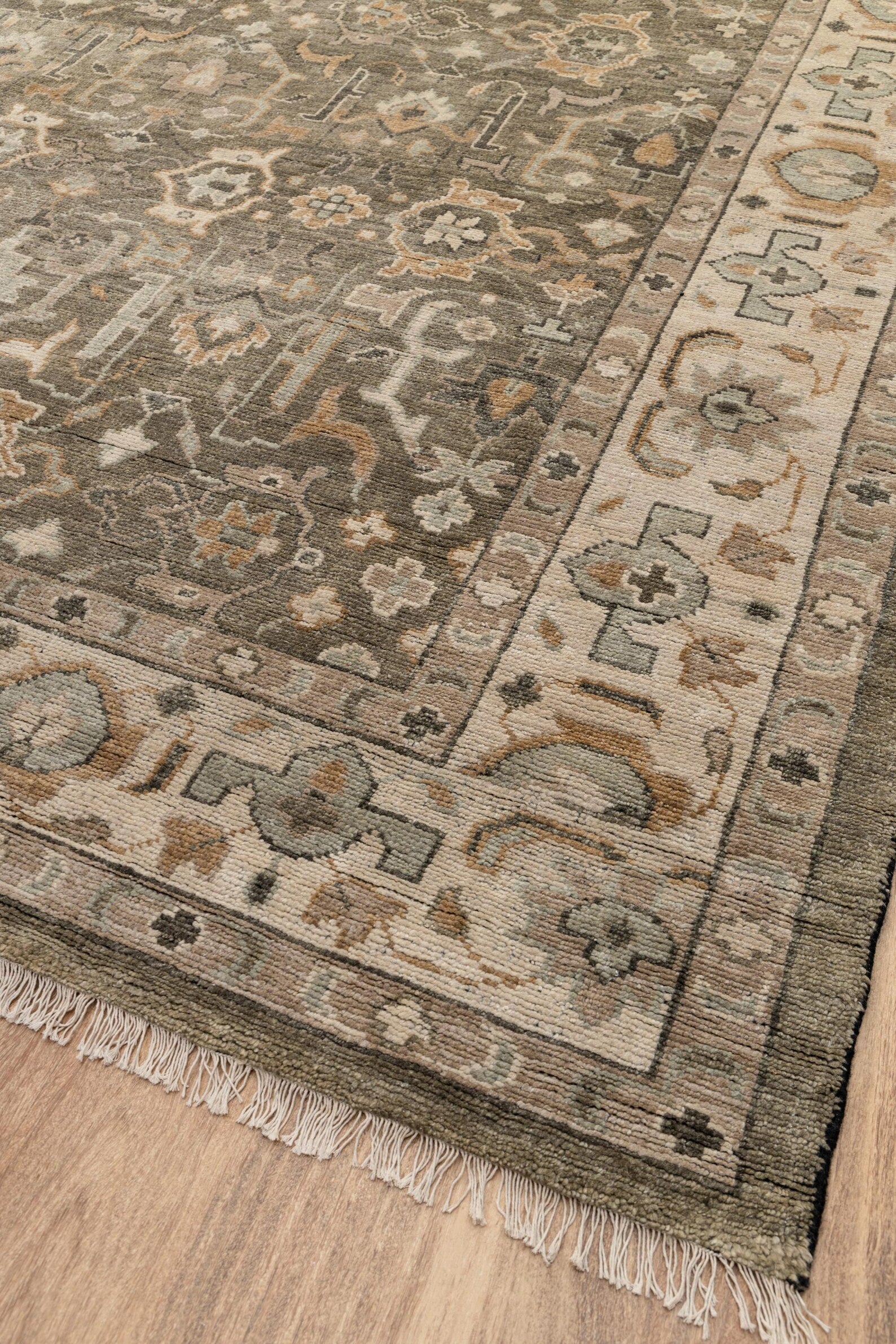 Olive Green Grey Persian style Oushak, Modern Traditional Hand Knotted Wool Rug