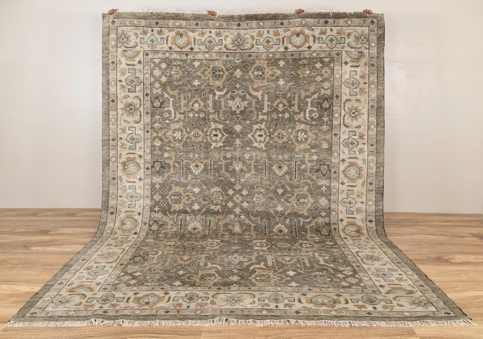 Olive Green Grey Persian style Oushak, Modern Traditional Hand Knotted Wool Rug