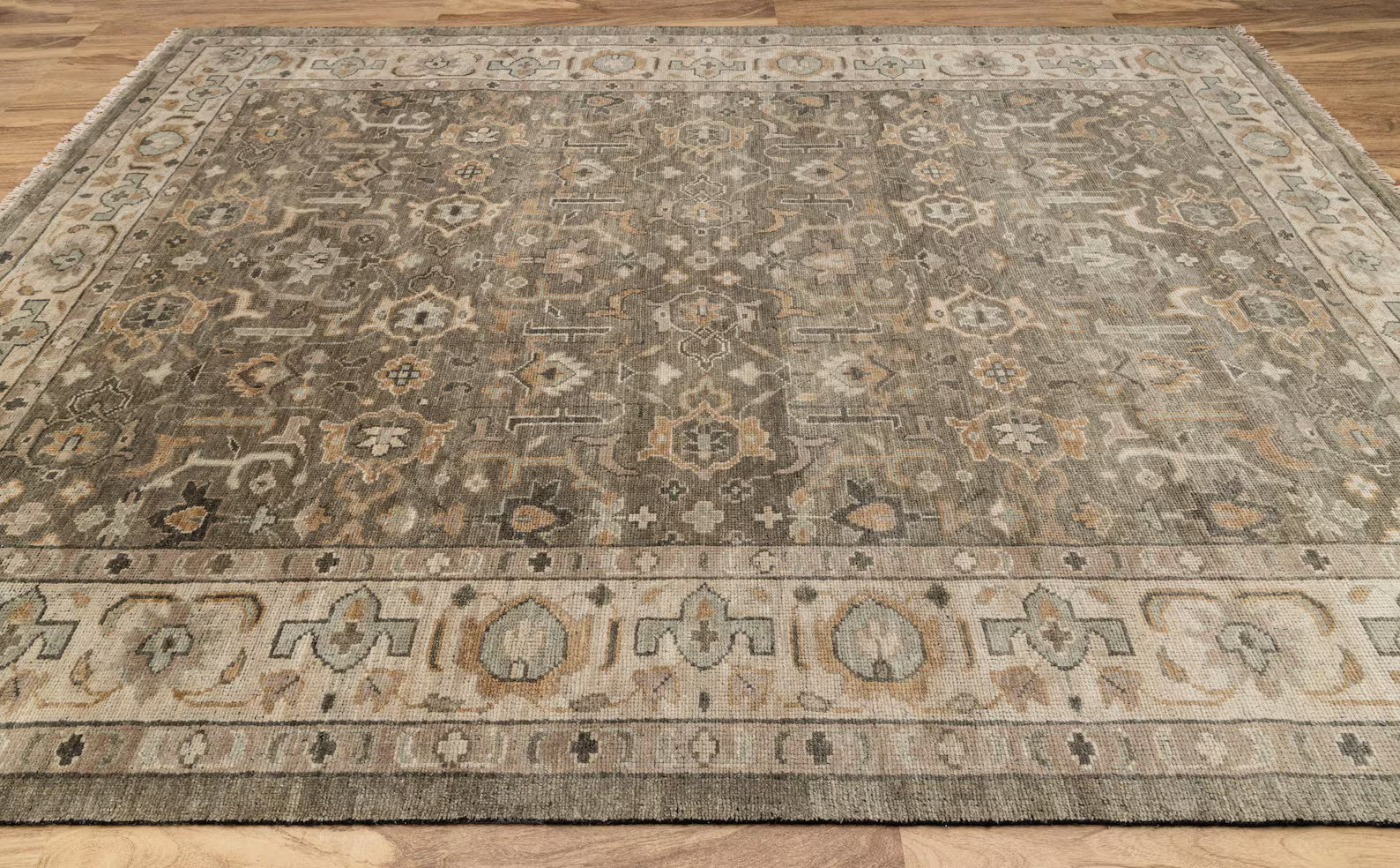 Olive Green Grey Persian style Oushak, Modern Traditional Hand Knotted Wool Rug