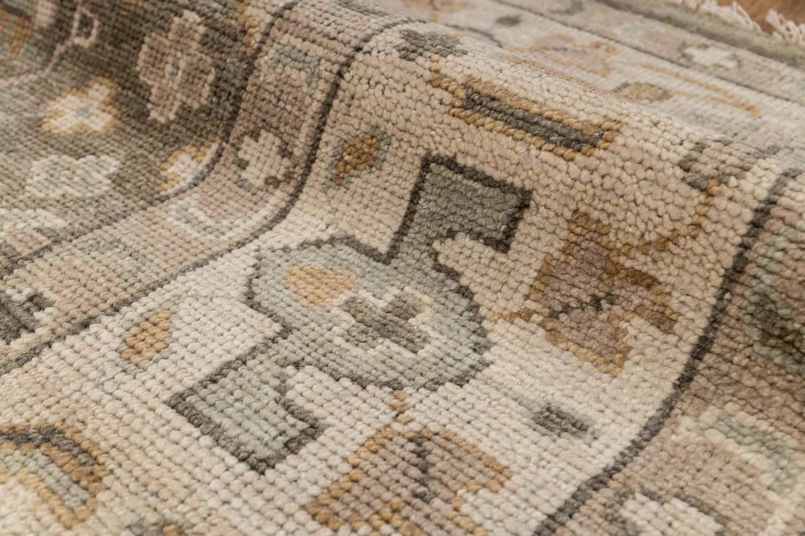 Olive Green Grey Persian style Oushak, Modern Traditional Hand Knotted Wool Rug