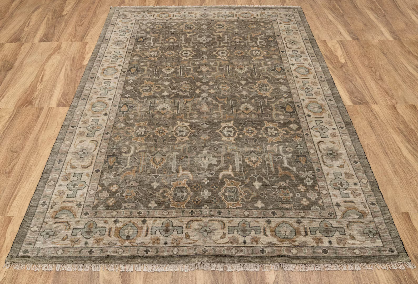 Olive Green Grey Persian style Oushak, Modern Traditional Hand Knotted Wool Rug