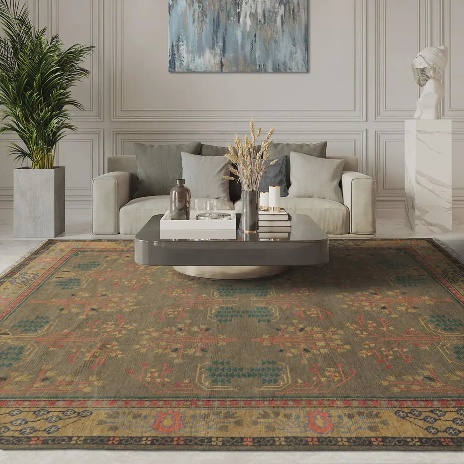 Hand-Knotted Wool Area Rug: Olive Green Oriental Oushak Design