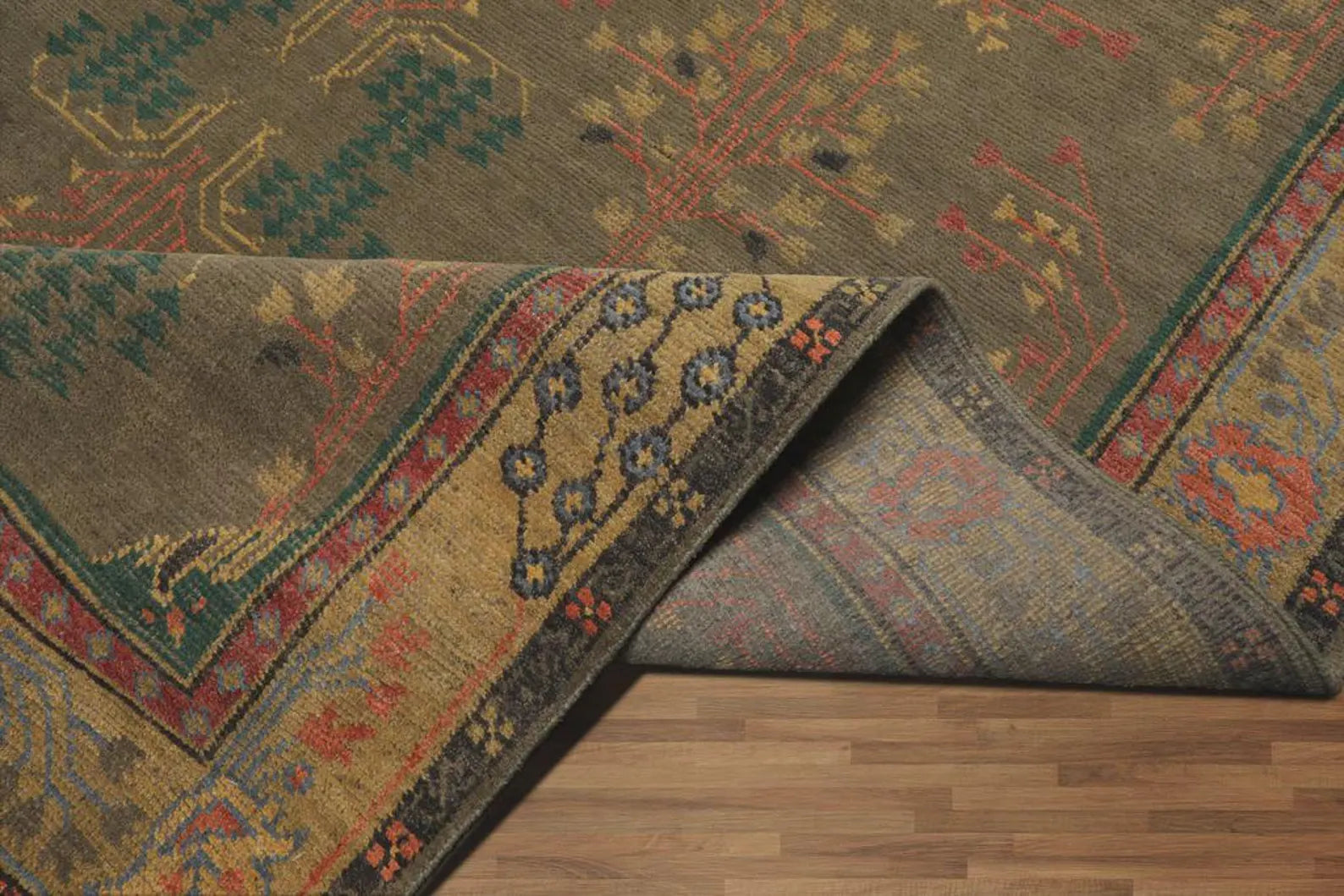 Hand-Knotted Wool Area Rug: Olive Green Oriental Oushak Design