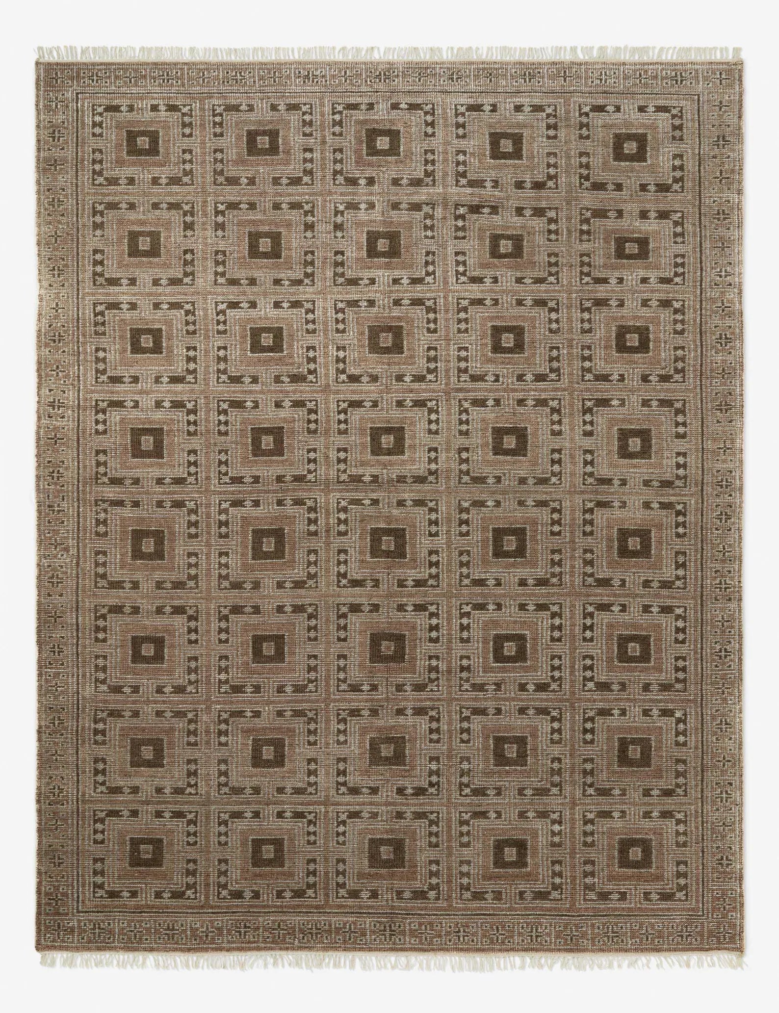 Hand Knotted Wool Rug: Taupe Brown Geometric Area Carpet