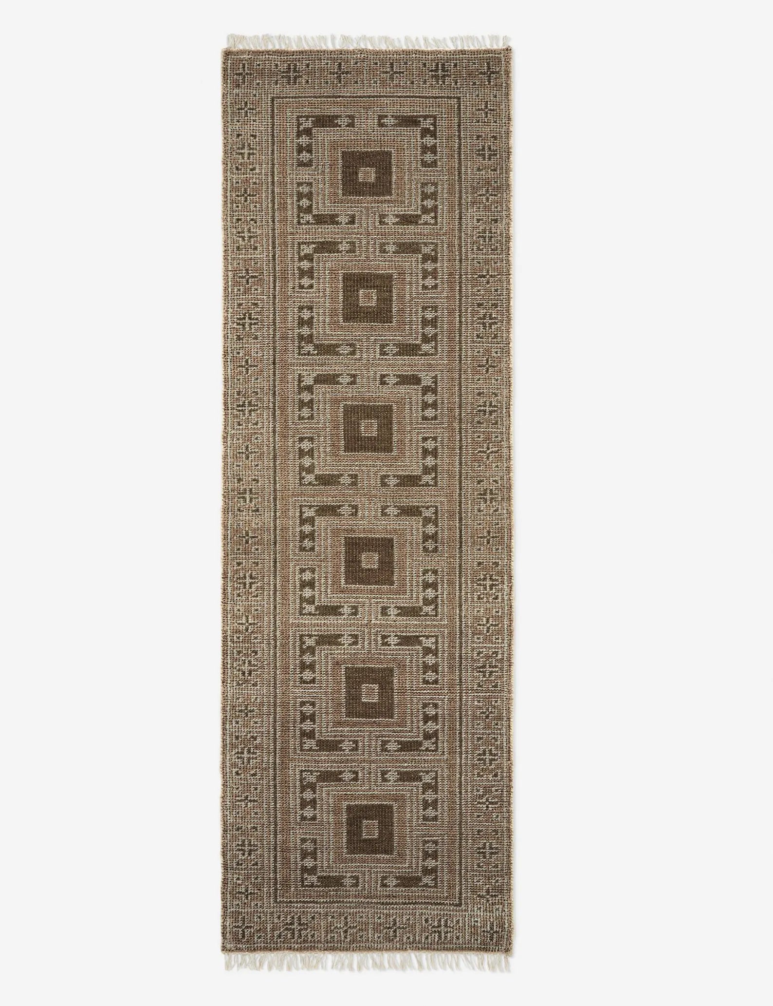 Hand Knotted Wool Rug: Taupe Brown Geometric Area Carpet