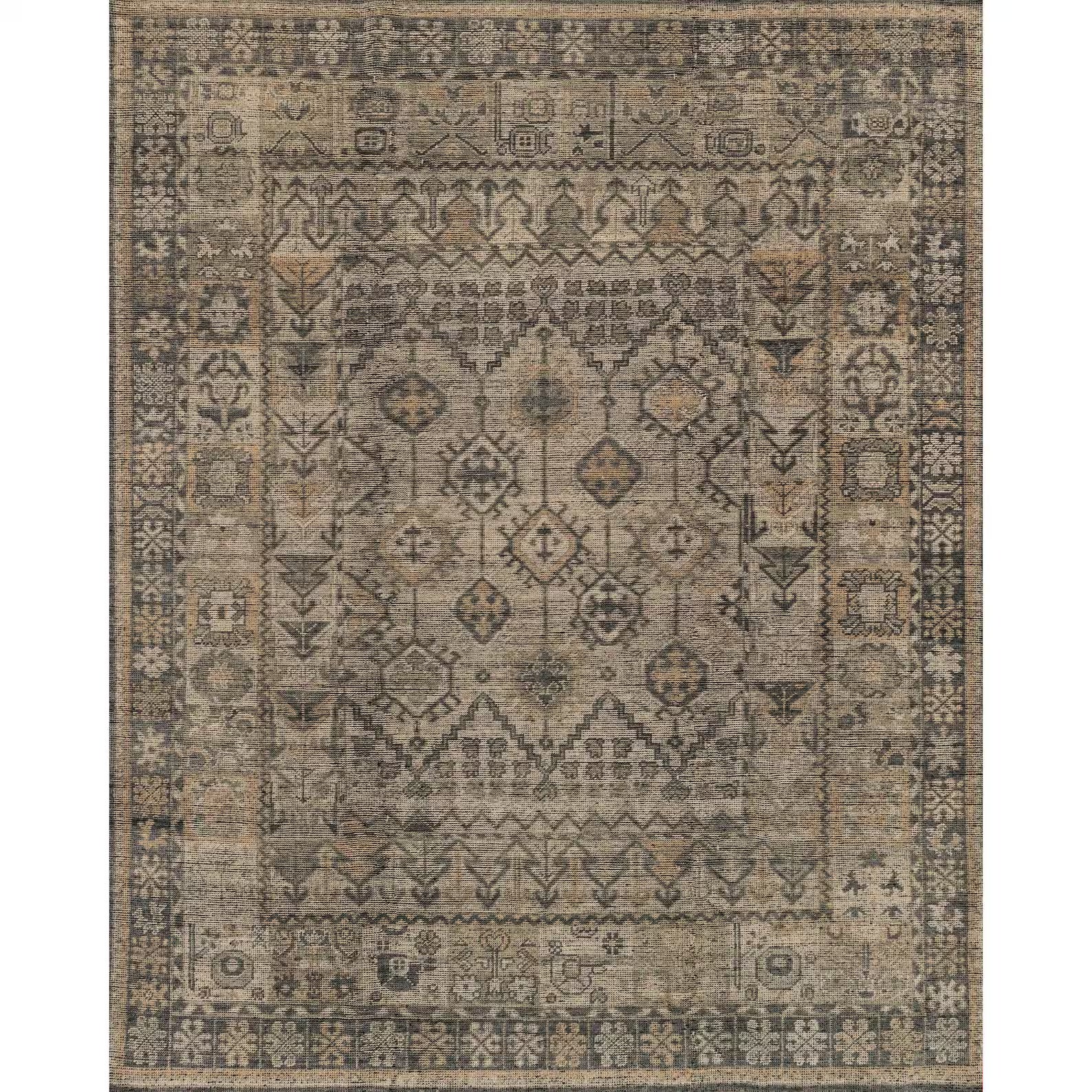 Hand Knotted Charcoal Wool Rug: Vintage Geometric Distressed Oriental Carpet