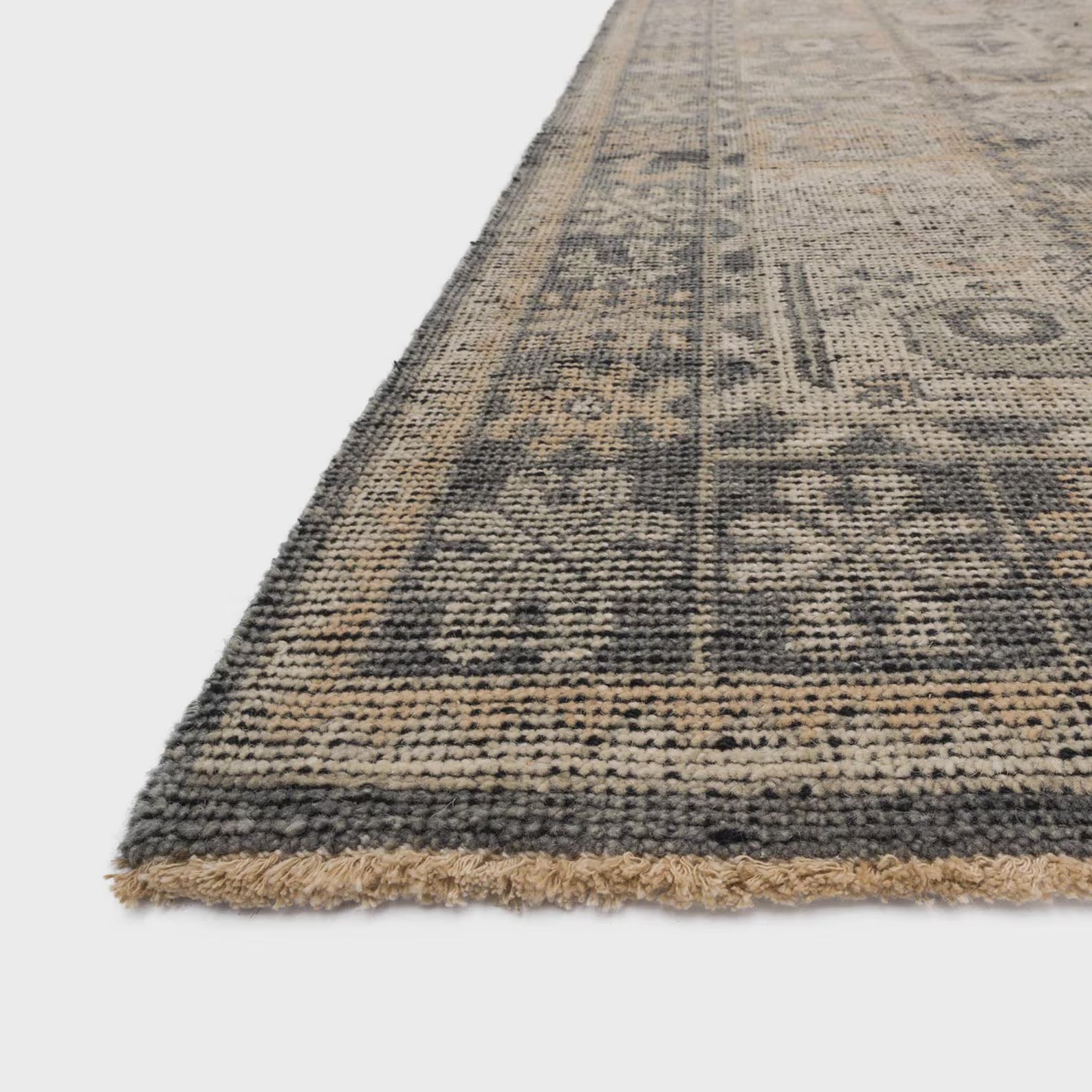 Hand Knotted Charcoal Wool Rug: Vintage Geometric Distressed Oriental Carpet