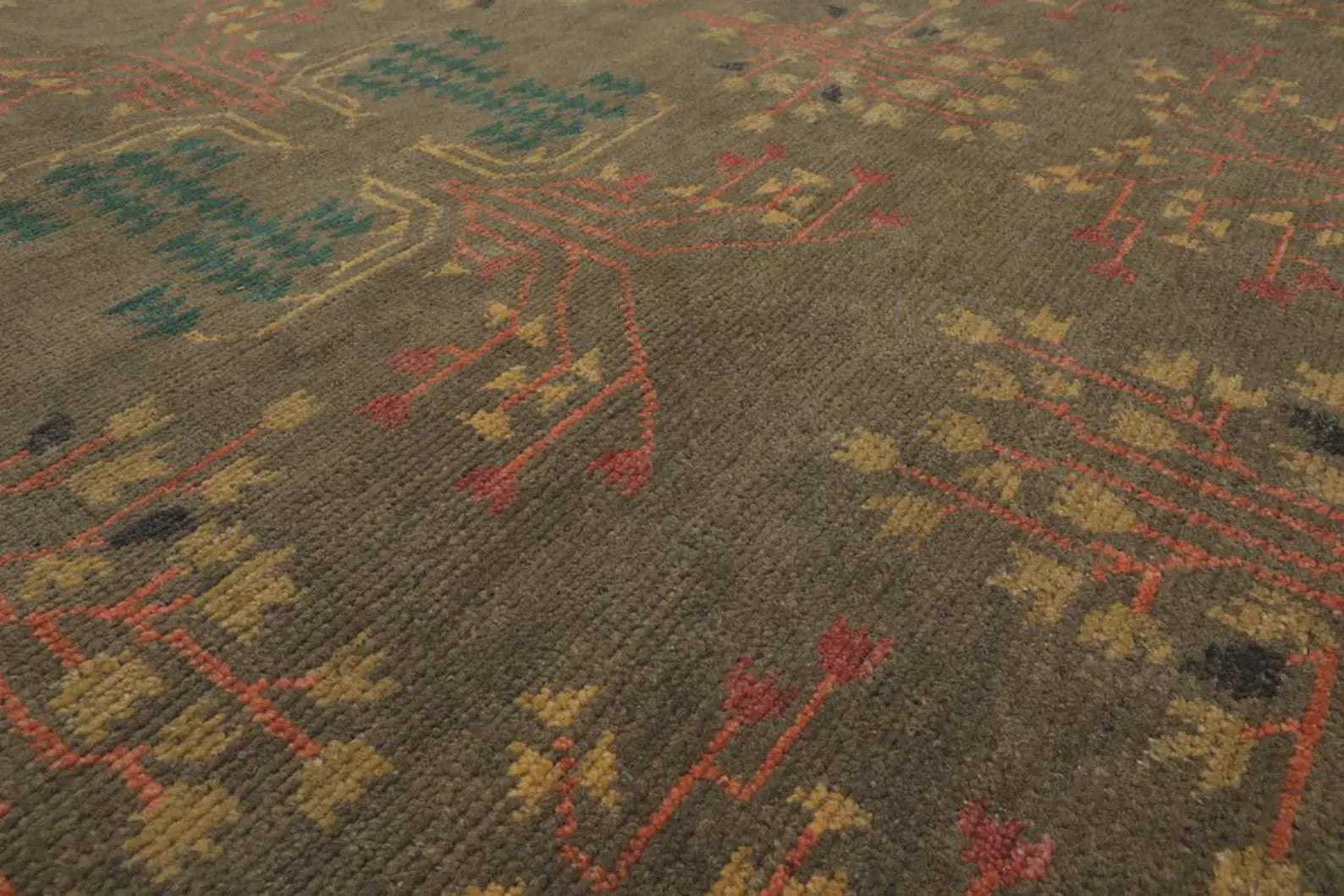 Hand-Knotted Wool Area Rug: Olive Green Oriental Oushak Design