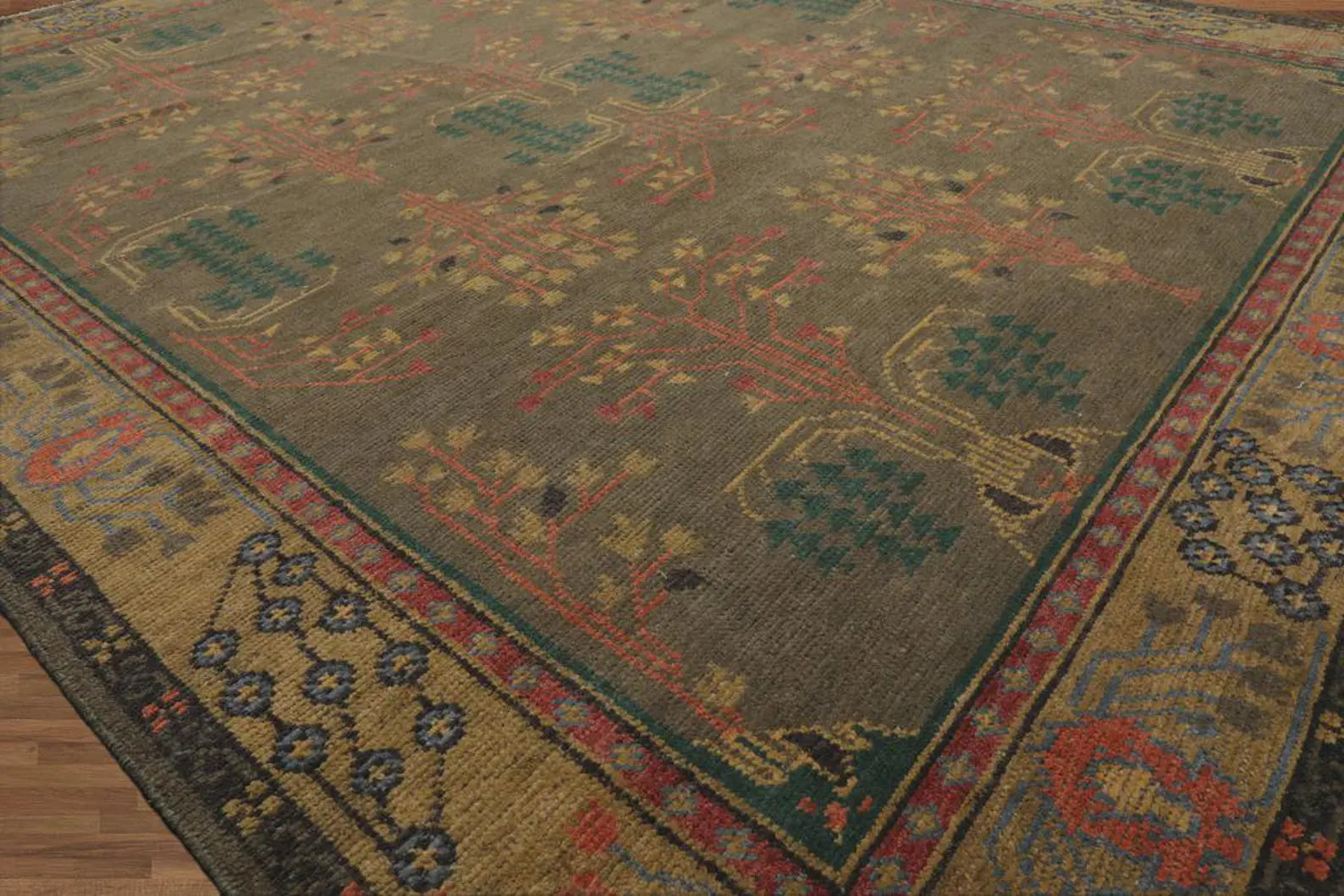 Hand-Knotted Wool Area Rug: Olive Green Oriental Oushak Design