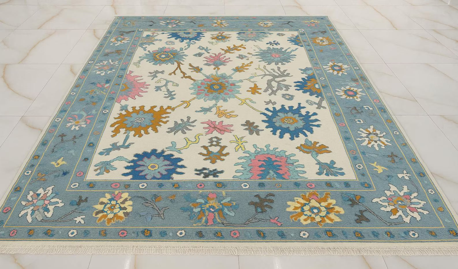 Elegant Vintage Floral Area Rug - Turkish Design Hand Knotted Soft Pastel Accent Rug