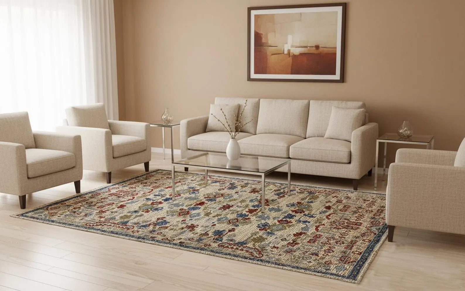 Hand Knotted Wool Oushak Area Rug: Beige, Red, Blue, and Green Geometric Design