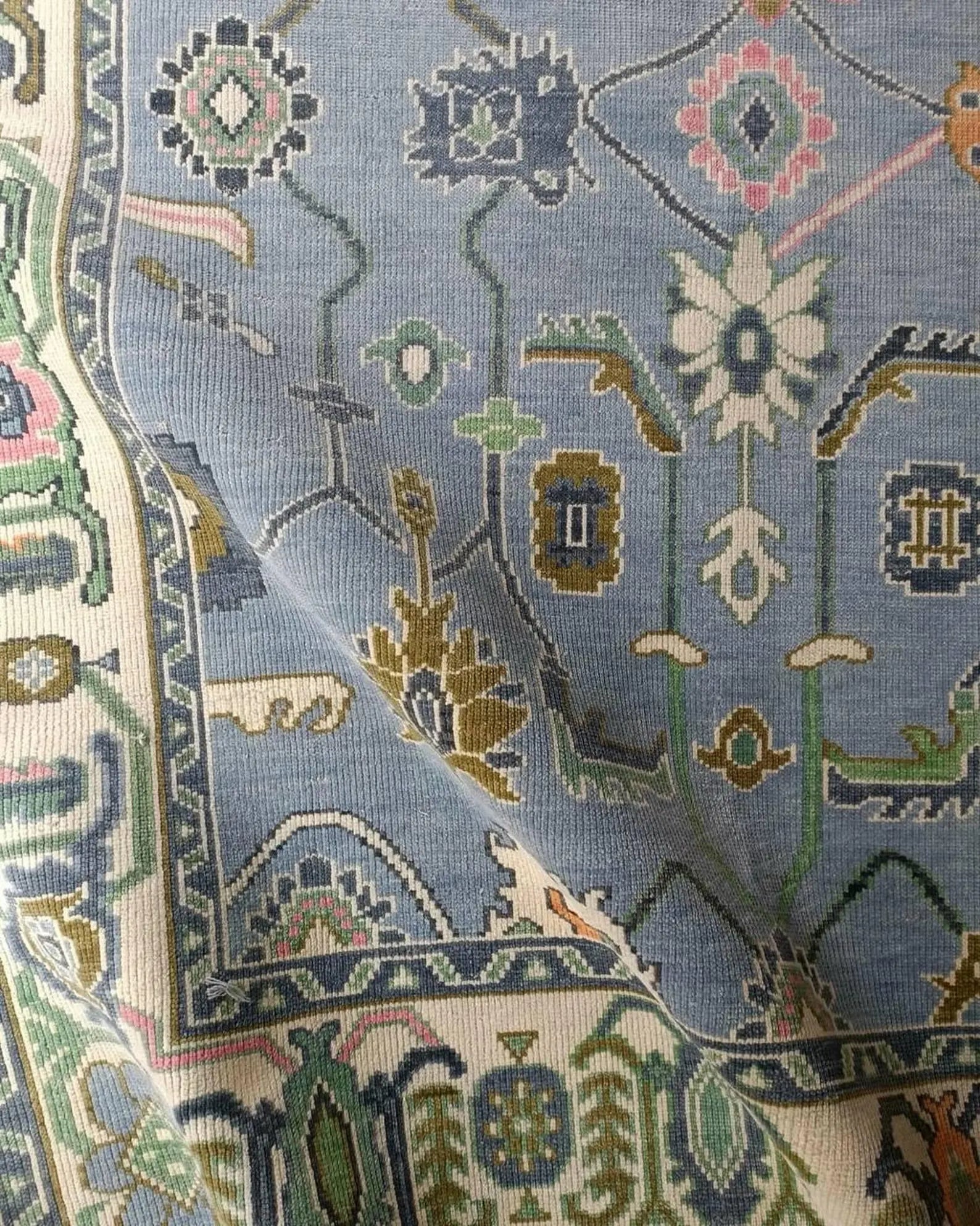 Hand Knotted Wool Oushak Rug – Light Blue Floral & Geometric, Custom Size