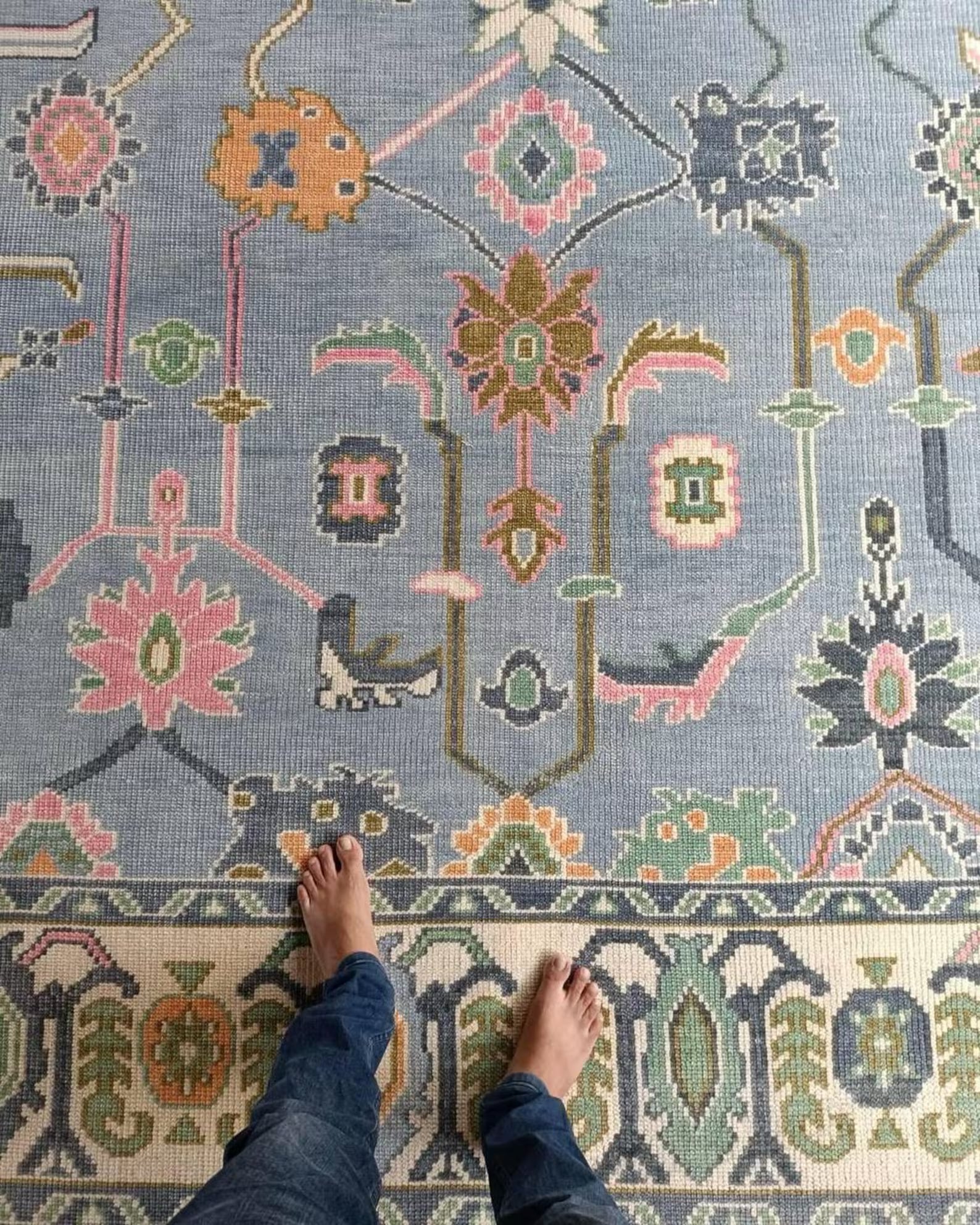 Hand Knotted Wool Oushak Rug – Light Blue Floral & Geometric, Custom Size