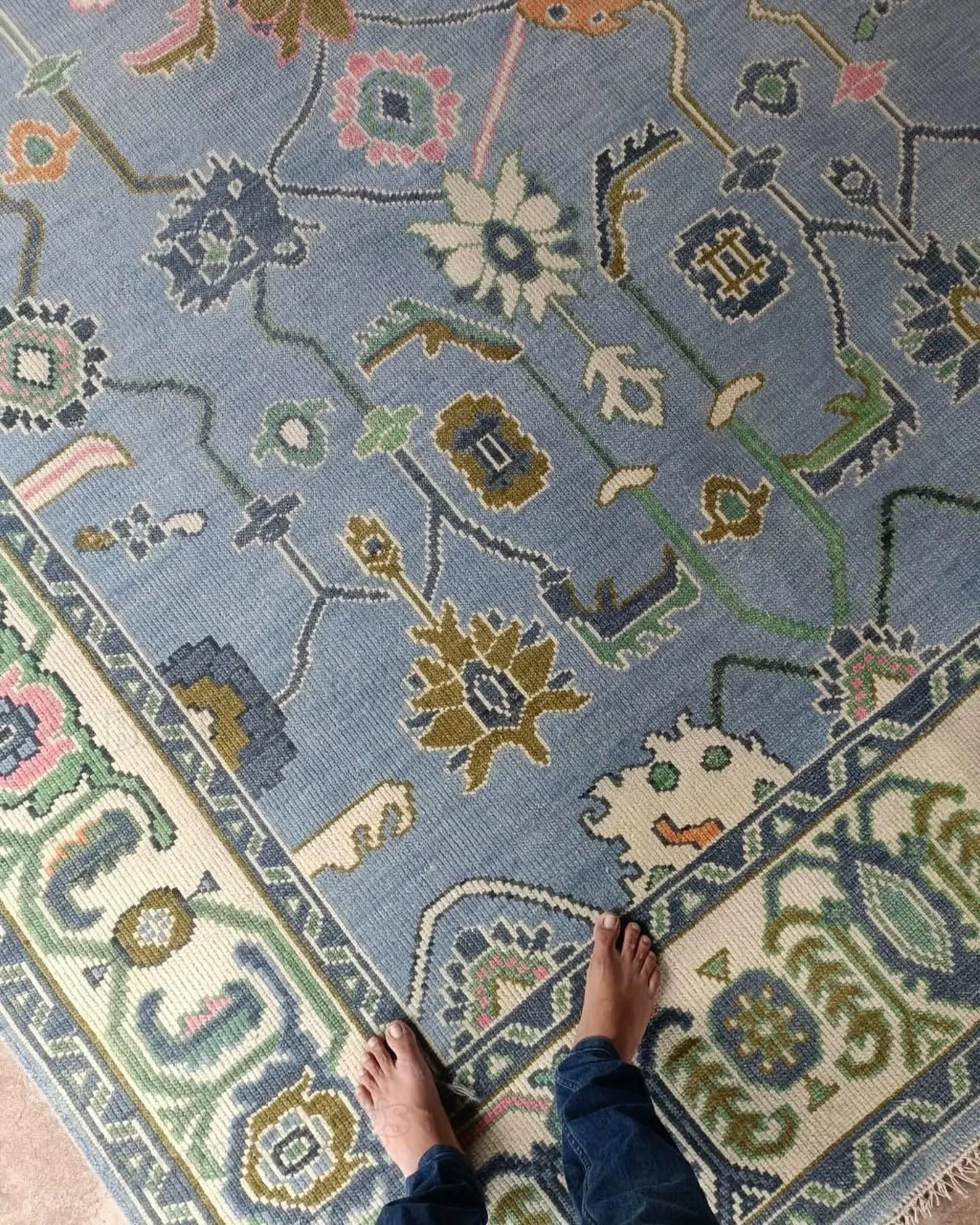 Hand Knotted Wool Oushak Rug – Light Blue Floral & Geometric, Custom Size