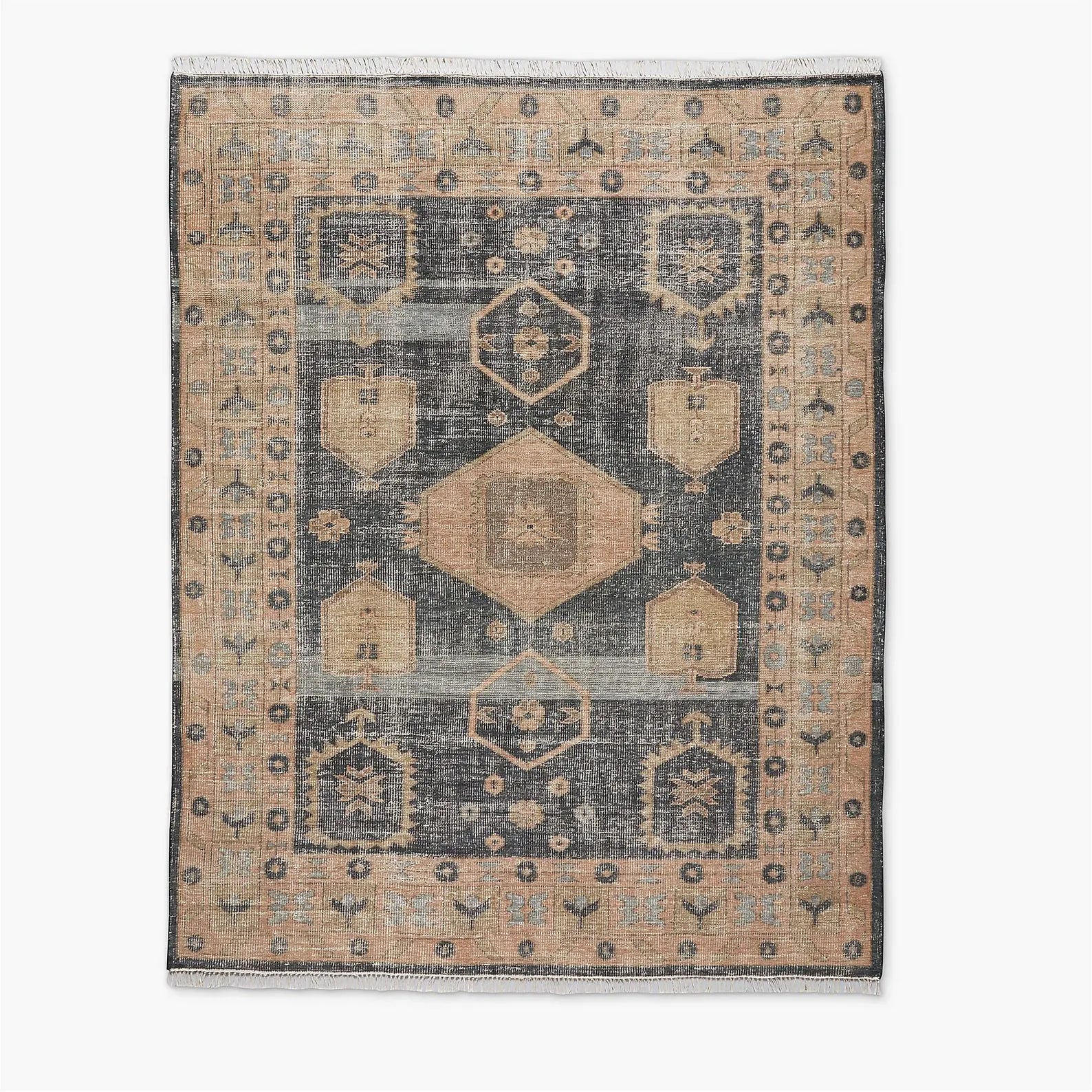 Hand Knotted Wool Rug 8x10 | Charcoal Terracotta Oushak Style