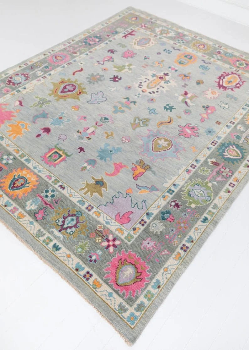 Light Grey Soft New Zealand Wool Area Rug | Traditional Turkish Design | Carpet Craft Decor | Hand Knotted Carpet