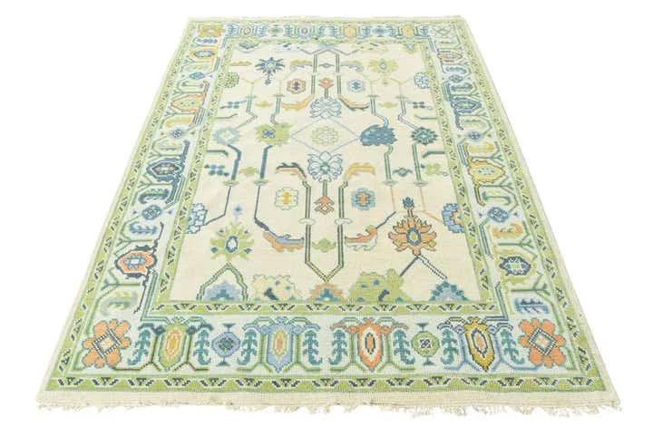 Hand-Knotted Oushak Rug in Pastel Green | Soft Wool Area Rug | Traditional Turkish Design | Carpet Craft Decor | Hand Knotted Carpet