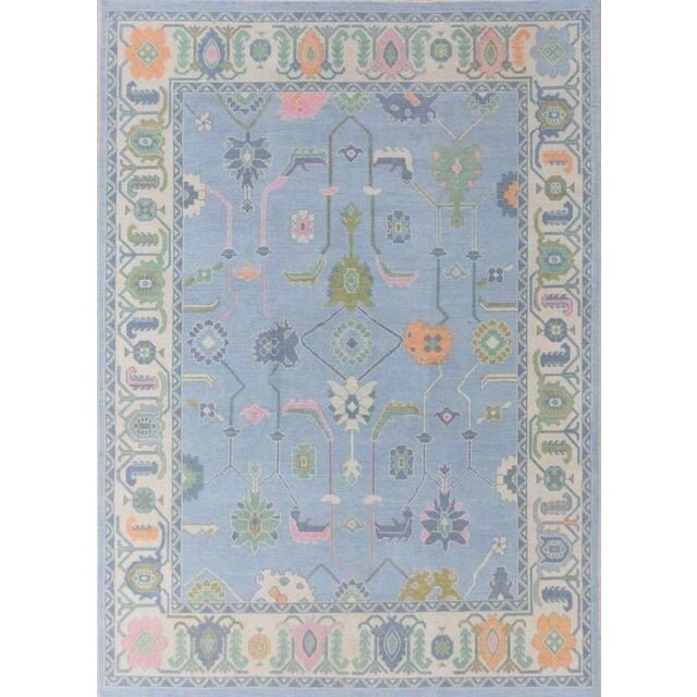 Turkish Oushak Hand-Knotted Wool Rug – Light Blue with Pastel Pink, Green & Ivory Accents – Traditional Floral Design, 8x10 ft