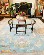 Low Pile Handwoven New Zealand Wool Blue & Beige Natural Color Hand Knotted Rug 5x8 ft / 6x7 ft, 12x15 ft