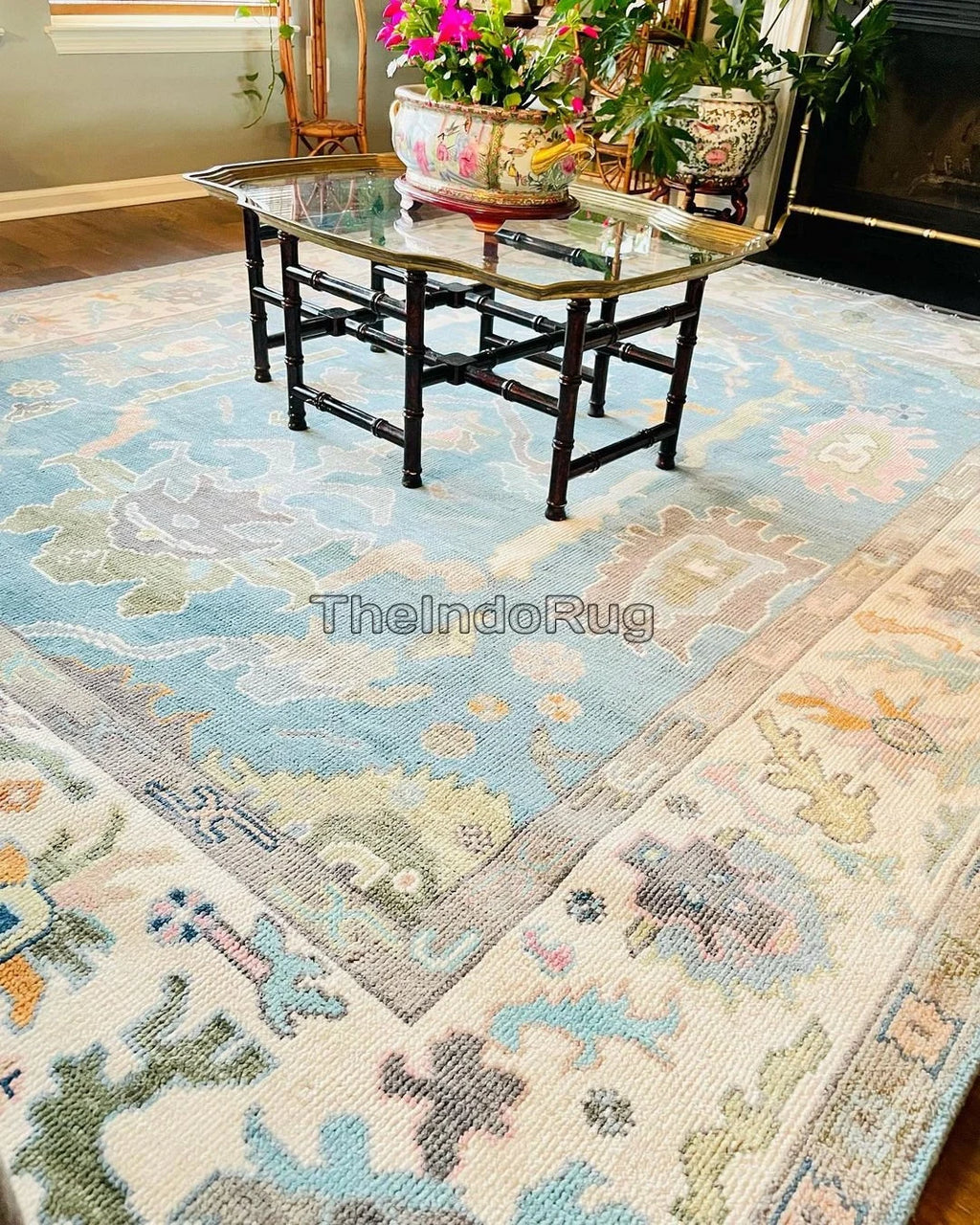 Low Pile Handwoven New Zealand Wool Blue & Beige Natural Color Hand Knotted Rug 5x8 ft / 6x7 ft, 12x15 ft