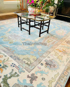 Low Pile Handwoven New Zealand Wool Blue & Beige Natural Color Hand Knotted Rug 5x8 ft / 6x7 ft, 12x15 ft