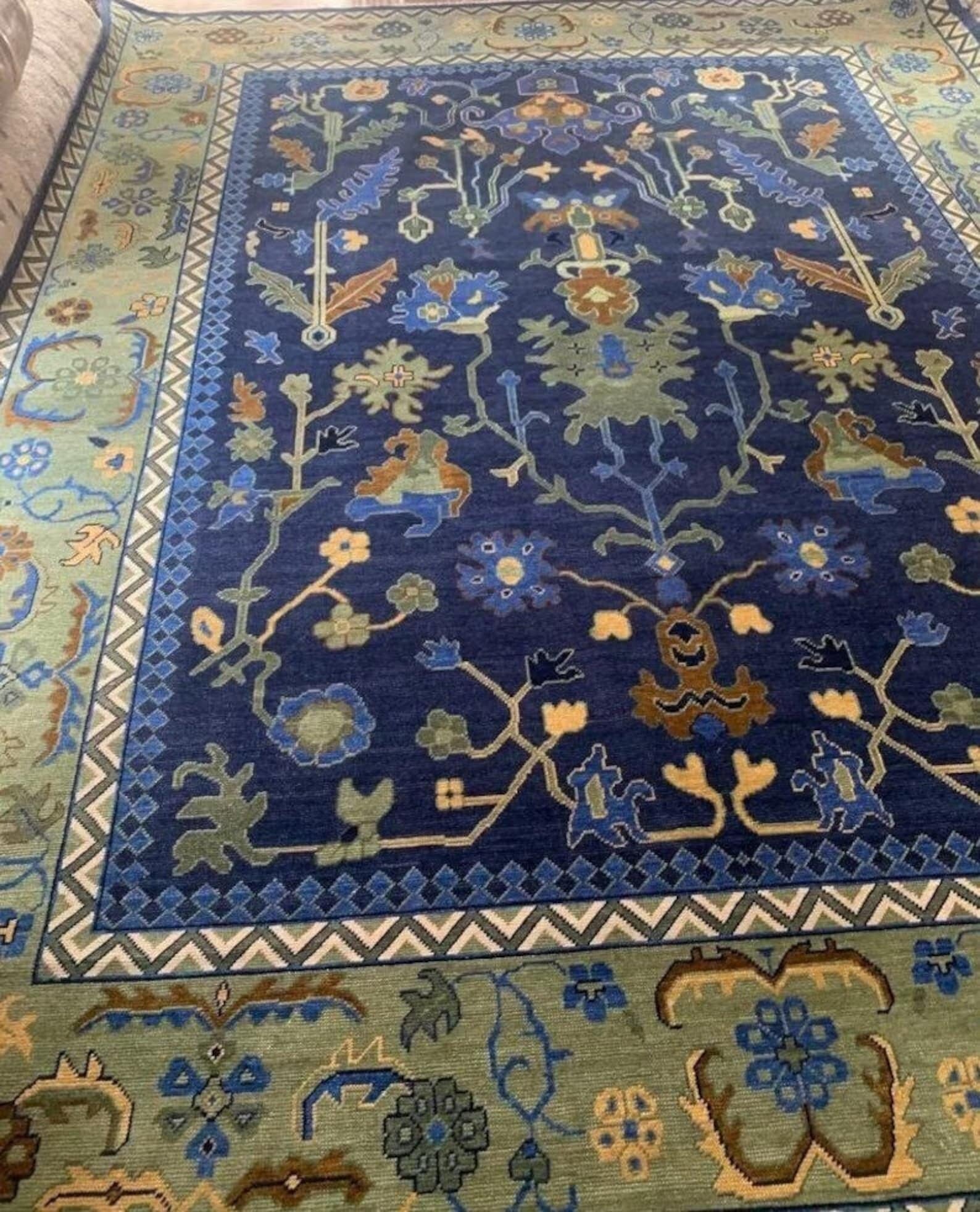 Low Pile Royal Blue 8x10 Hand Knotted Carpet Floral Oushak Rug Rug Hallway Rugs 100% Wool Rug 8X10, 9X12, 10X14, 12X15, 12X18 Made To Order