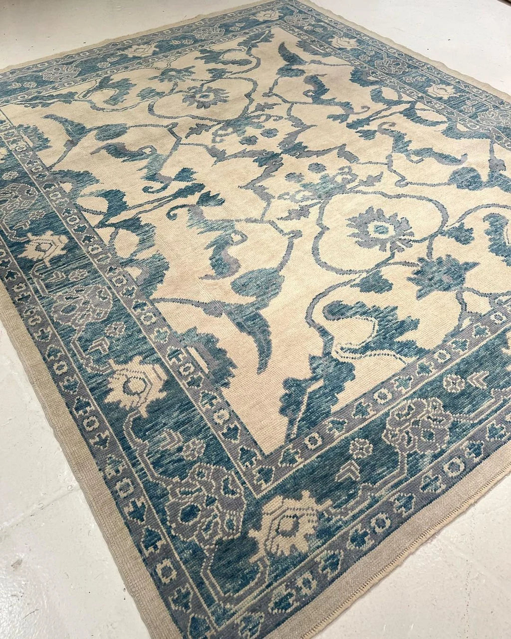 Beige & Teal Premium New Zealand Wool Area Rug | Traditional Turkish Design Carpet Craft Decor, Hand Knotted Carpet