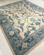 Beige & Teal Premium New Zealand Wool Area Rug | Traditional Turkish Design Carpet Craft Decor, Hand Knotted Carpet