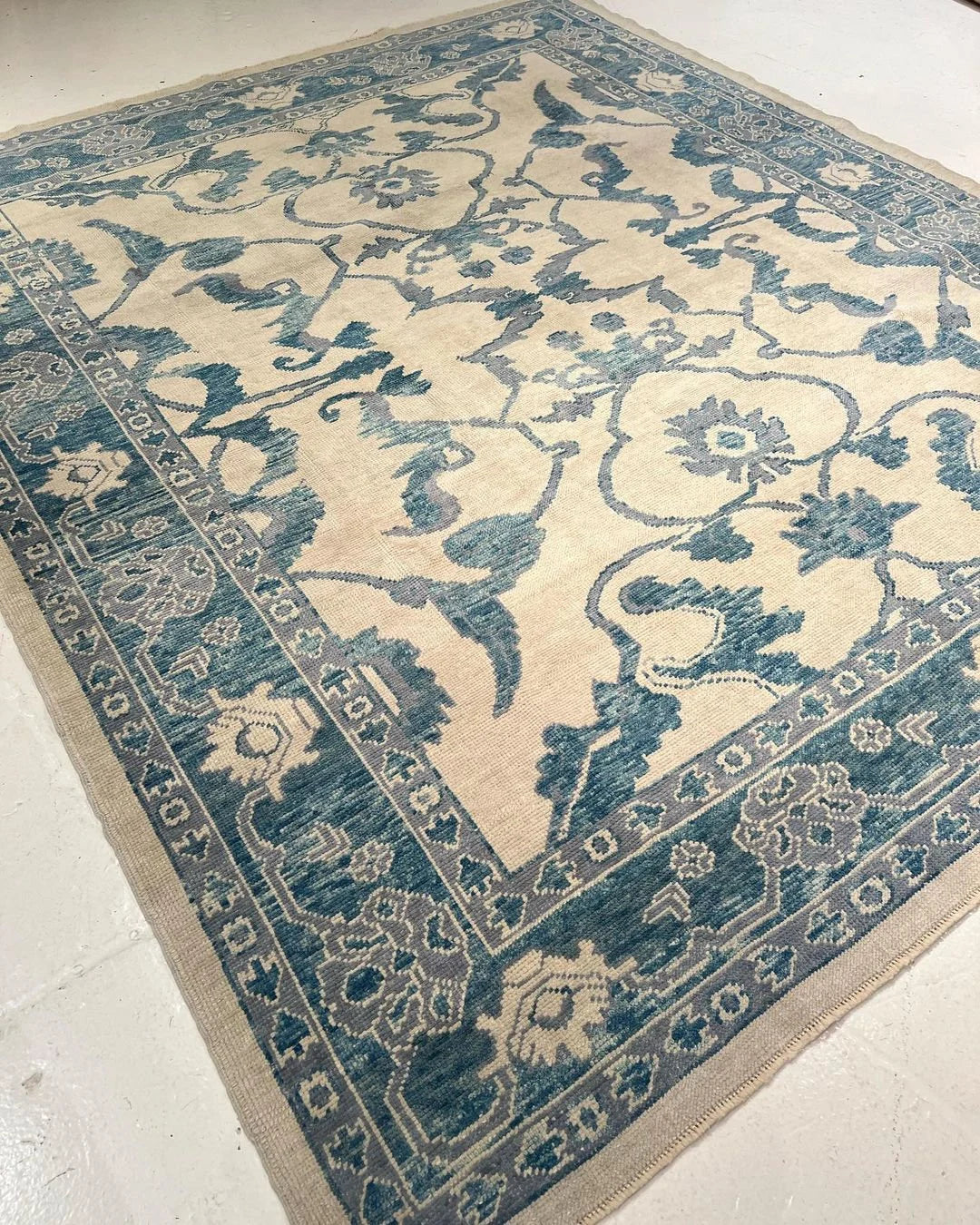 Beige & Teal Premium New Zealand Wool Area Rug | Traditional Turkish Design Carpet Craft Decor, Hand Knotted Carpet