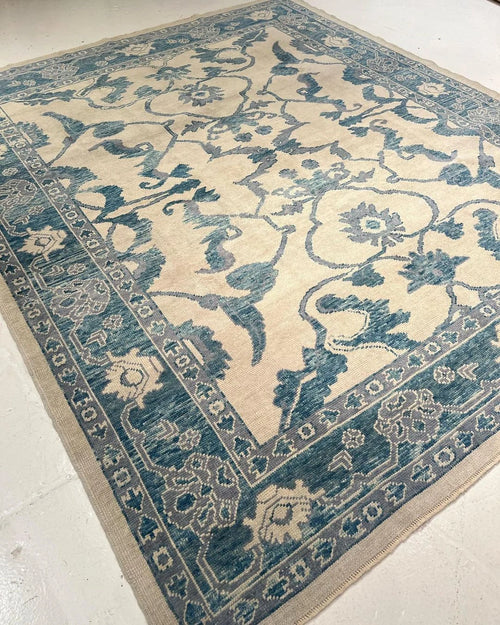 Beige & Teal Premium New Zealand Wool Area Rug | Traditional Turkish Design Carpet Craft Decor, Hand Knotted Carpet