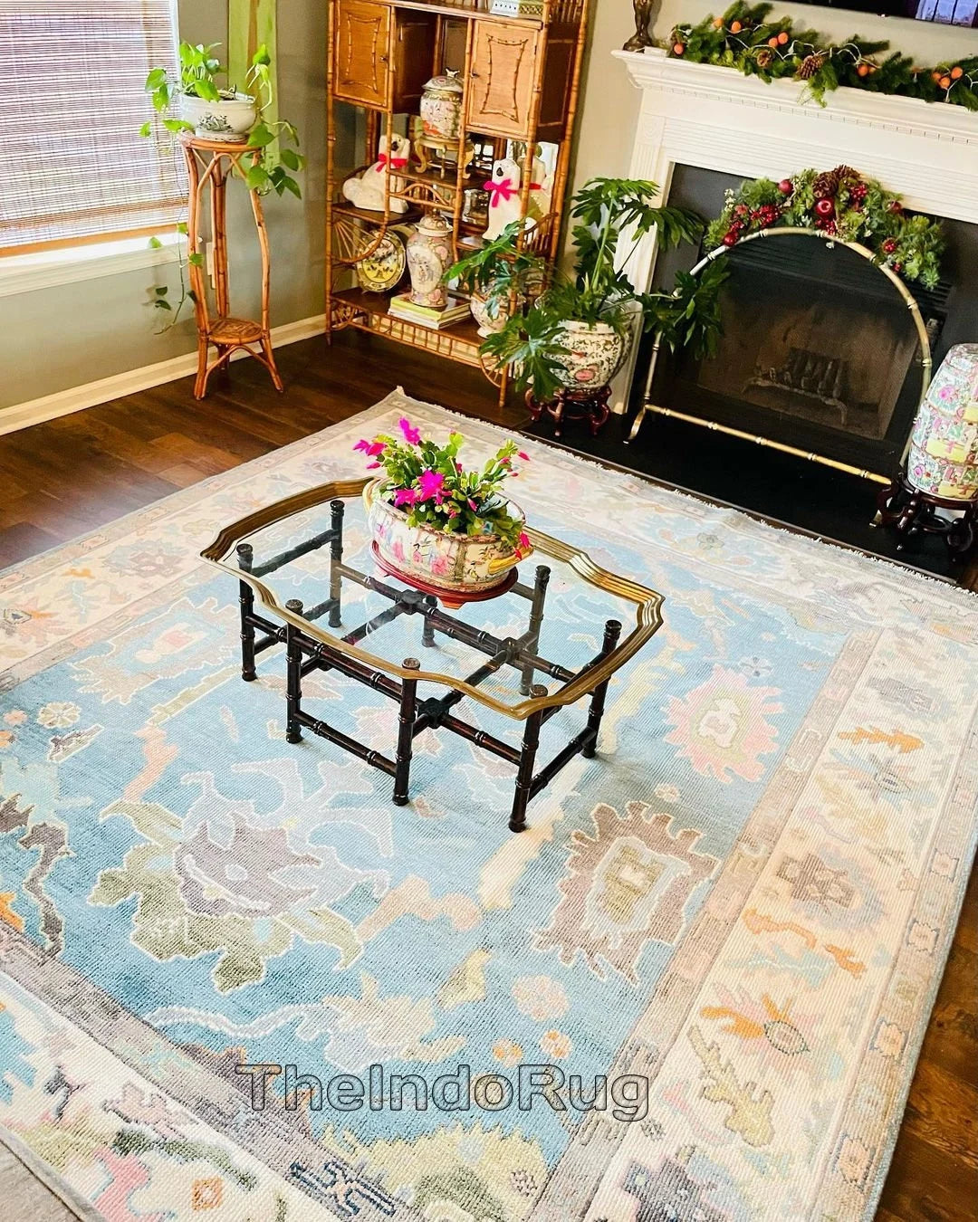 Low Pile Handwoven New Zealand Wool Blue & Beige Natural Color Hand Knotted Rug 5x8 ft / 6x7 ft, 12x15 ft