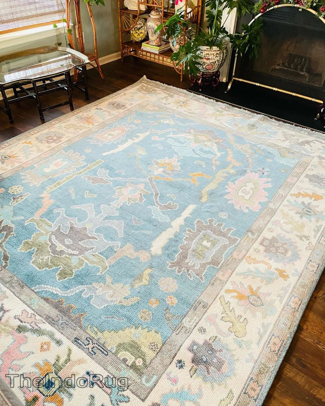 Low Pile Handwoven New Zealand Wool Blue & Beige Natural Color Hand Knotted Rug 5x8 ft / 6x7 ft, 12x15 ft