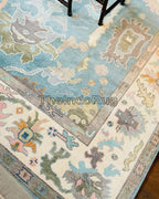 Low Pile Handwoven New Zealand Wool Blue & Beige Natural Color Hand Knotted Rug 5x8 ft / 6x7 ft, 12x15 ft