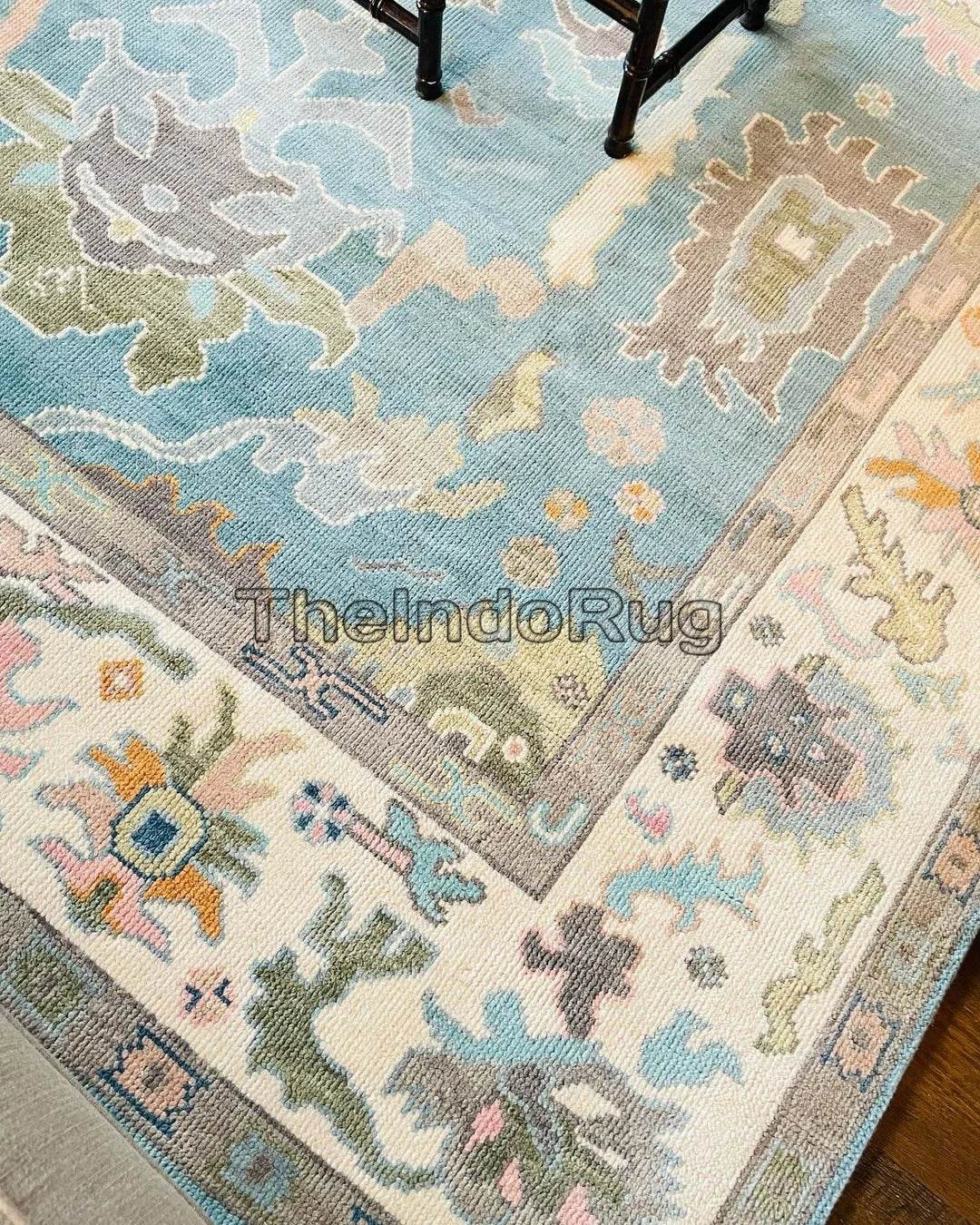 Low Pile Handwoven New Zealand Wool Blue & Beige Natural Color Hand Knotted Rug 5x8 ft / 6x7 ft, 12x15 ft