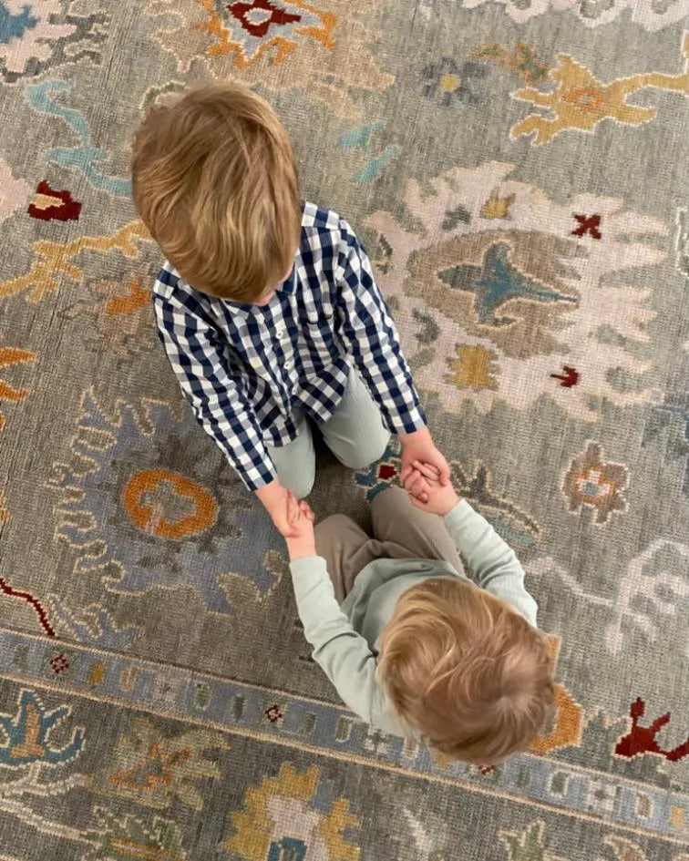 Tribal Motif-Style Soft Grey Wool Hand Knotted Rug