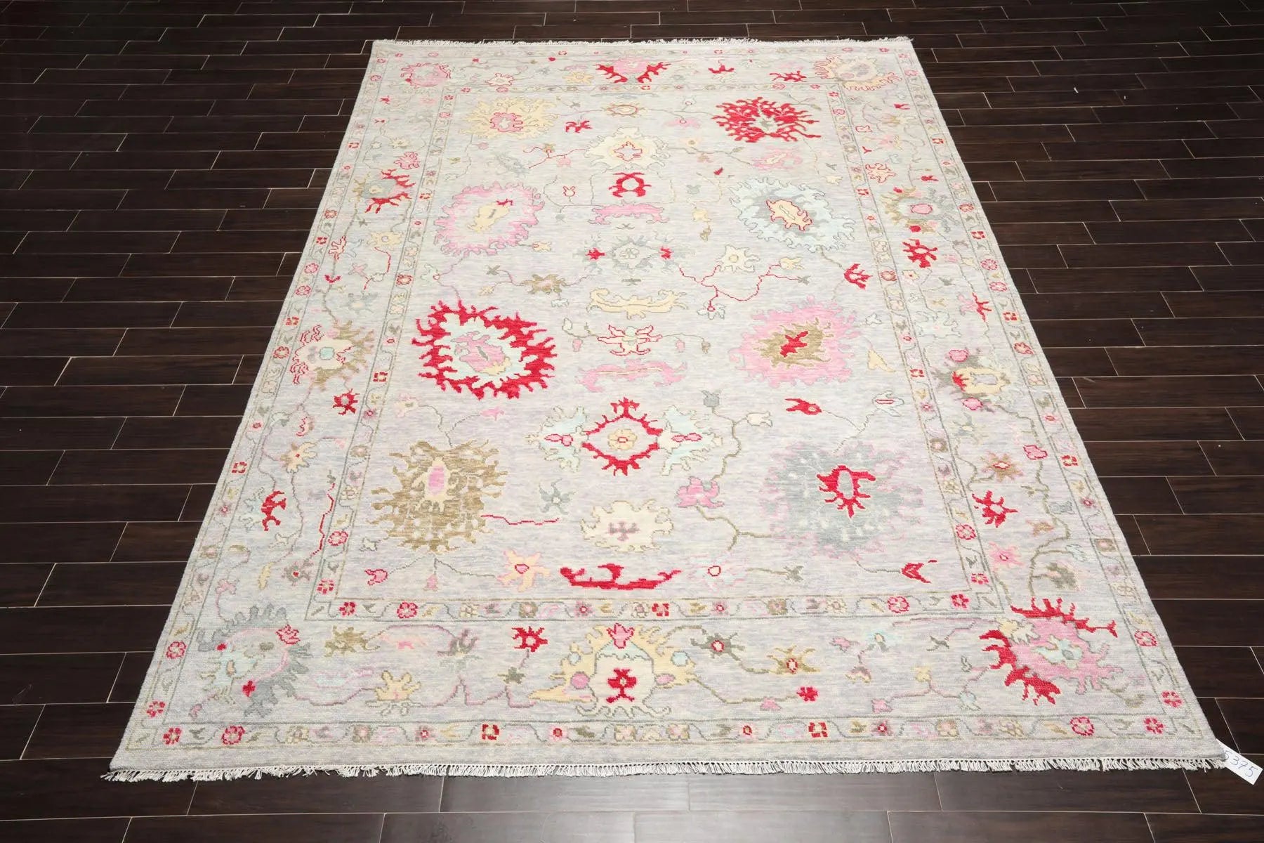 Low Pile Turkish Hand-Knotted Oushak Area Rug – Soft Lavender-Gray Background with Red, Pink, and Aqua Accents – 100% Wool, 6x9 ft