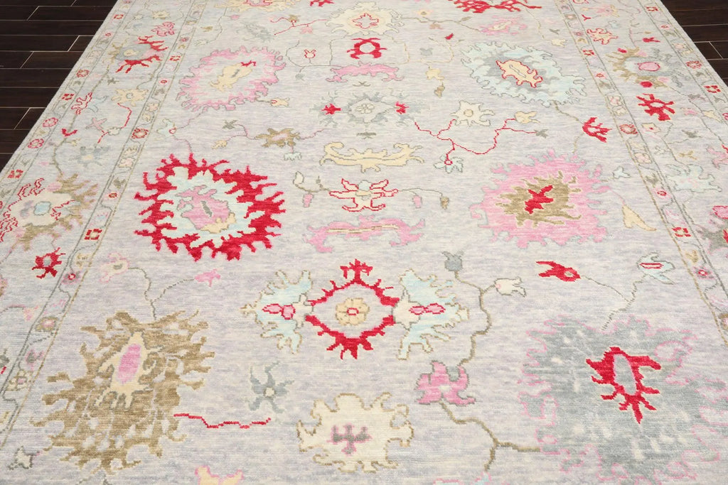 Low Pile Turkish Hand-Knotted Oushak Area Rug – Soft Lavender-Gray Background with Red, Pink, and Aqua Accents – 100% Wool, 6x9 ft