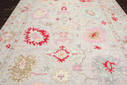 Low Pile Turkish Hand-Knotted Oushak Area Rug – Soft Lavender-Gray Background with Red, Pink, and Aqua Accents – 100% Wool, 6x9 ft