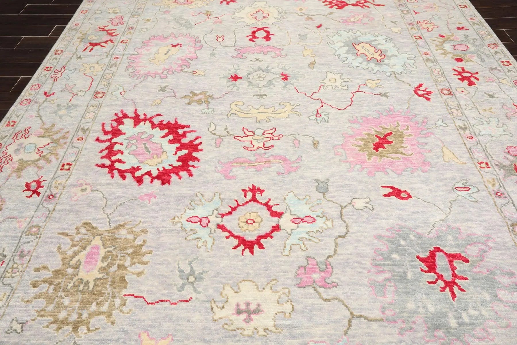 Low Pile Turkish Hand-Knotted Oushak Area Rug – Soft Lavender-Gray Background with Red, Pink, and Aqua Accents – 100% Wool, 6x9 ft
