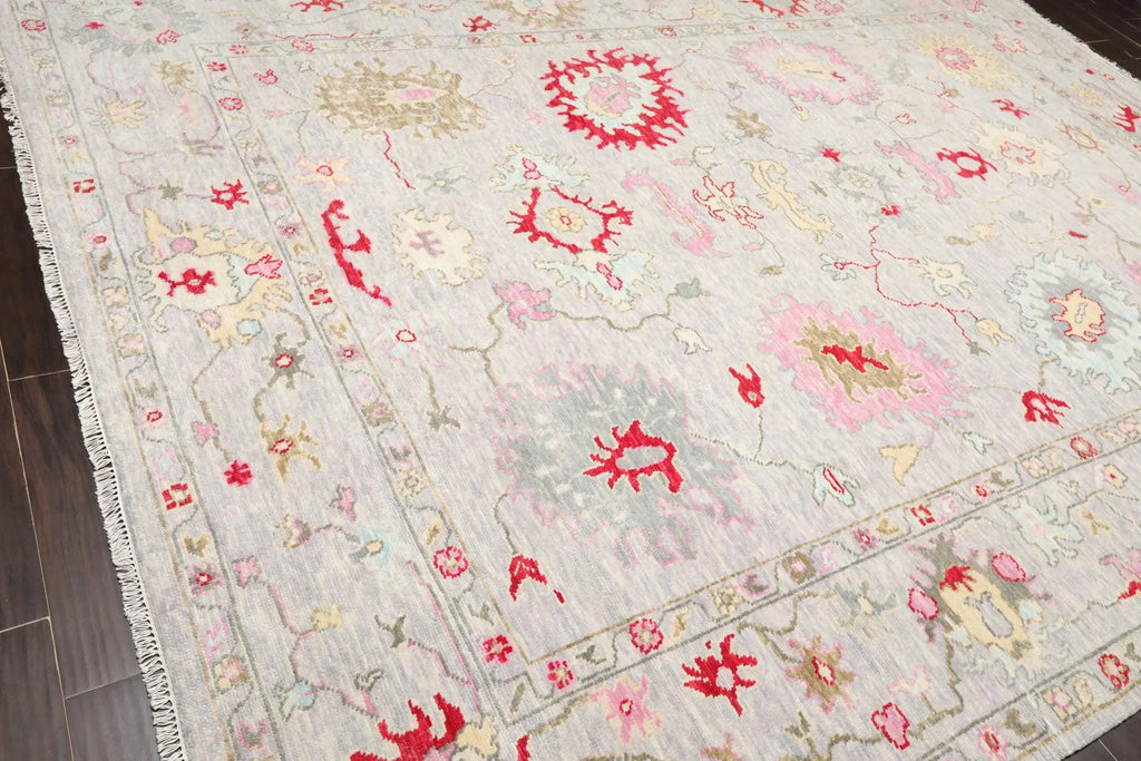 Low Pile Turkish Hand-Knotted Oushak Area Rug – Soft Lavender-Gray Background with Red, Pink, and Aqua Accents – 100% Wool, 6x9 ft