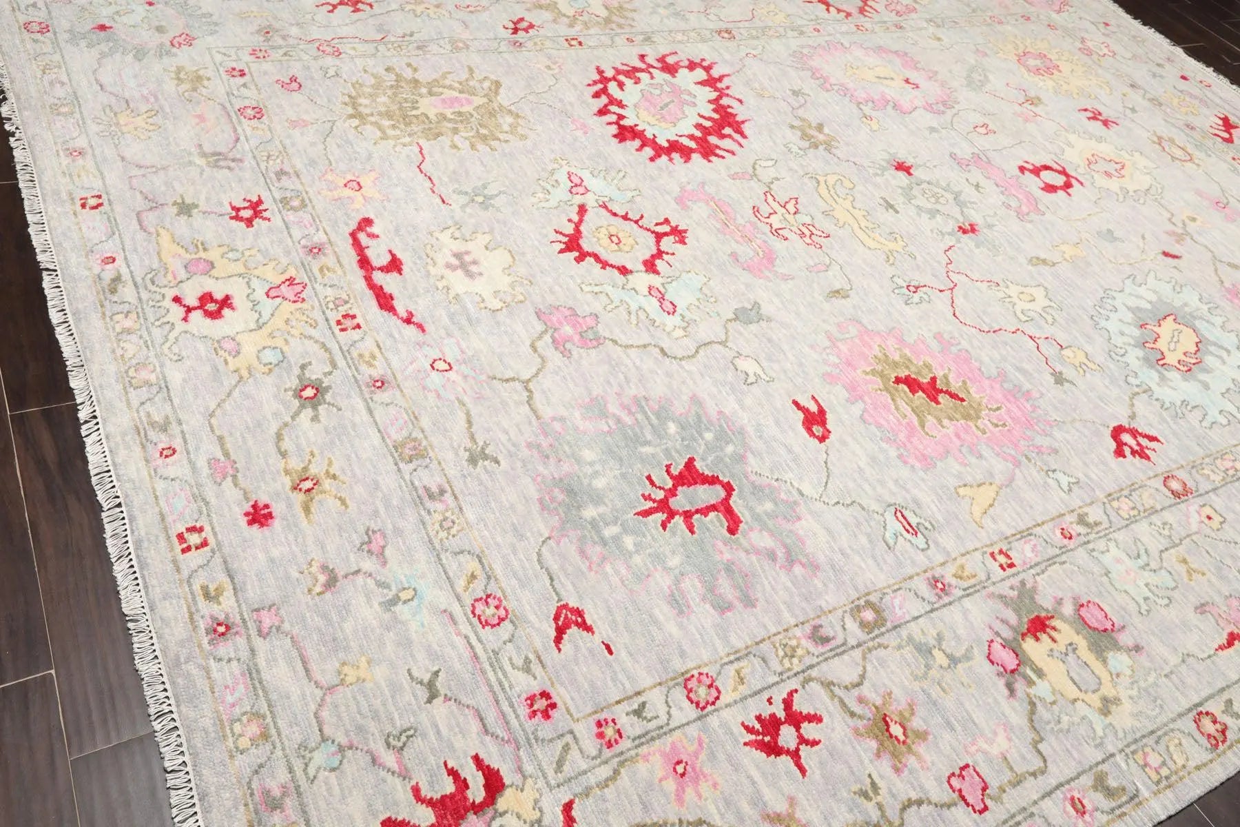 Low Pile Turkish Hand-Knotted Oushak Area Rug – Soft Lavender-Gray Background with Red, Pink, and Aqua Accents – 100% Wool, 6x9 ft