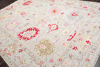 Low Pile Turkish Hand-Knotted Oushak Area Rug – Soft Lavender-Gray Background with Red, Pink, and Aqua Accents – 100% Wool, 6x9 ft
