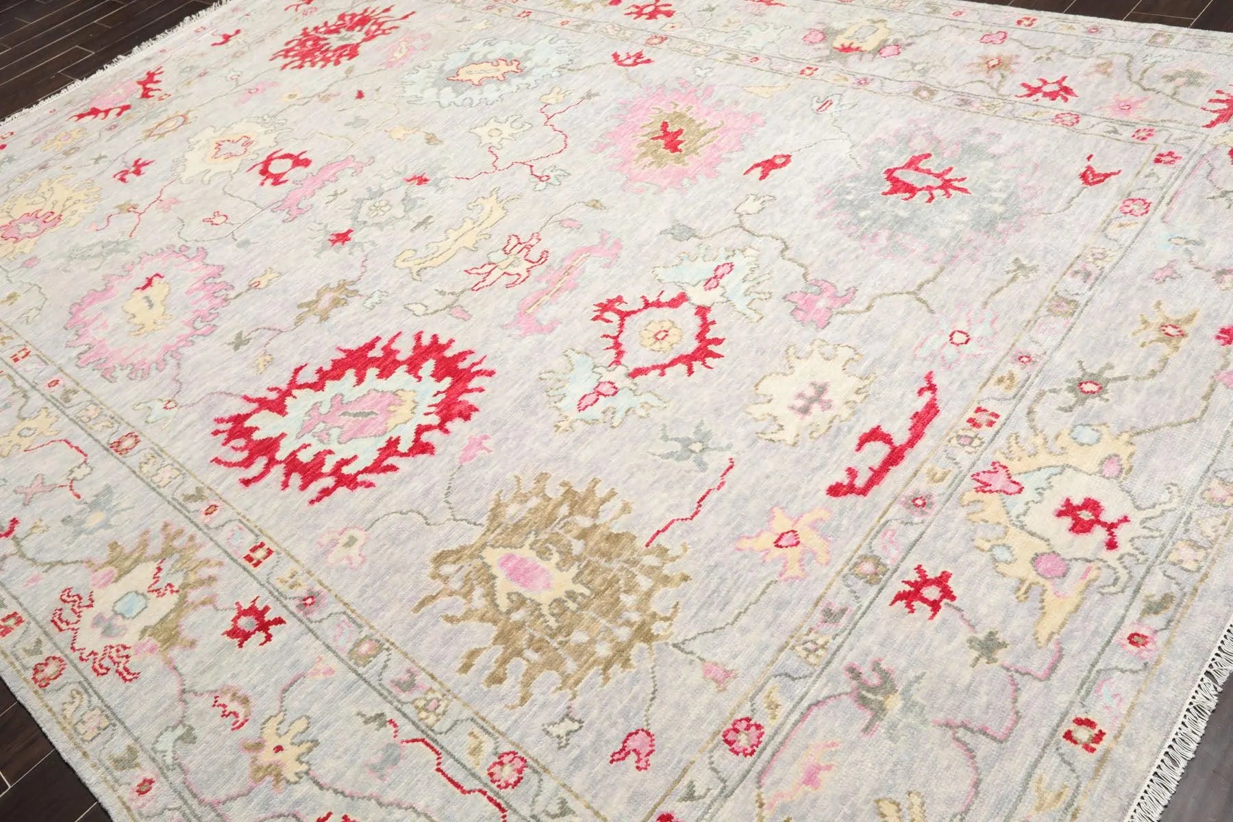 Low Pile Turkish Hand-Knotted Oushak Area Rug – Soft Lavender-Gray Background with Red, Pink, and Aqua Accents – 100% Wool, 6x9 ft