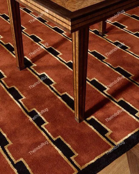 Low Pile Handwoven Wool Flatweave Rug – Terracotta with Black Geometric Design – Modern Southwest Aesthetic, 5x8 ft
