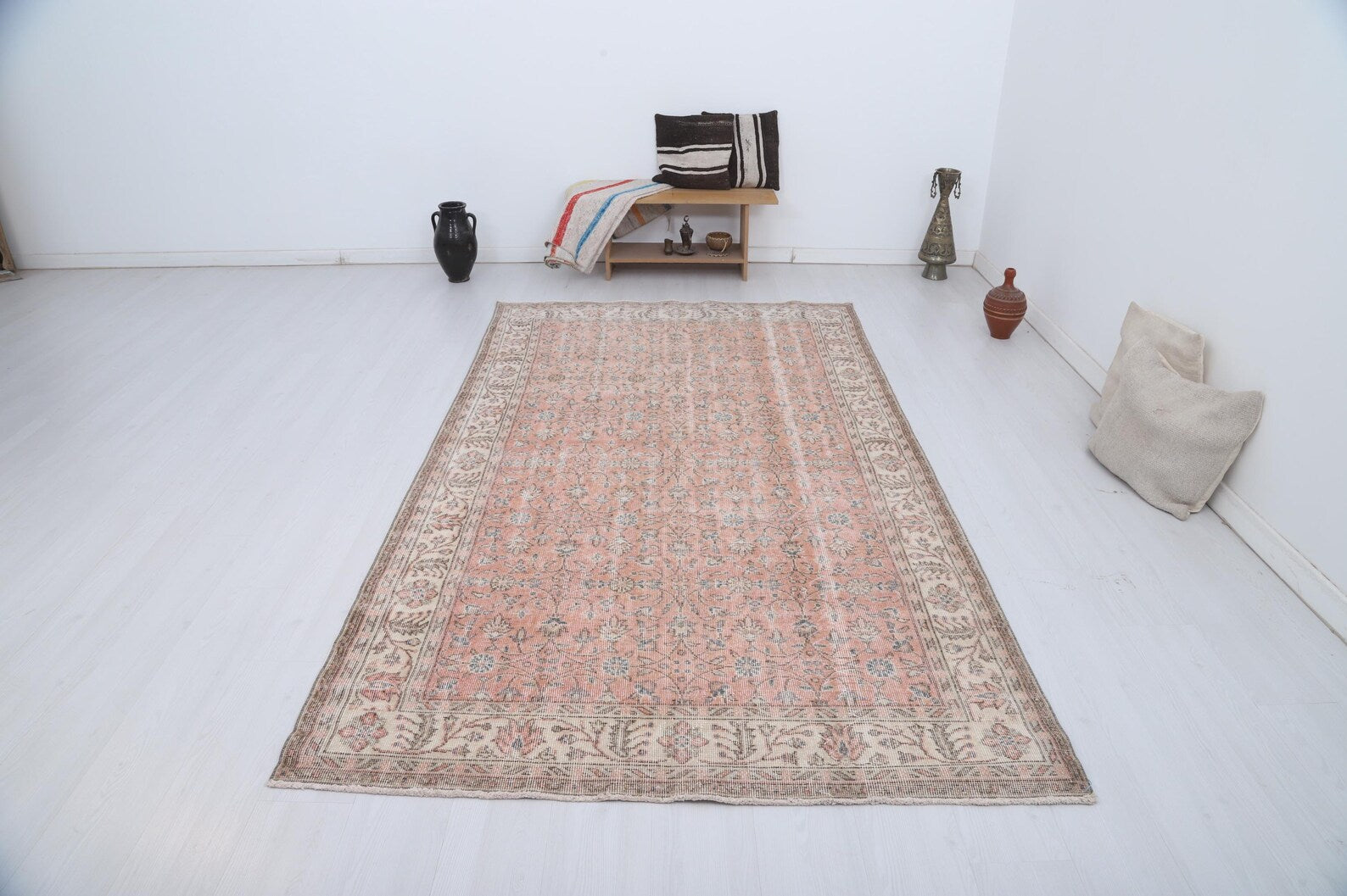 Hand Knotted Peach Vintage Rug Oushak Rug