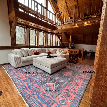 Hand Knotted Red/Blue Area Rug Oushak Rug Turkish Woolen Rug Thick Pile Soft Knotted Rug Large Area Rug 6x9 7x10 8x10 9x12 10x14